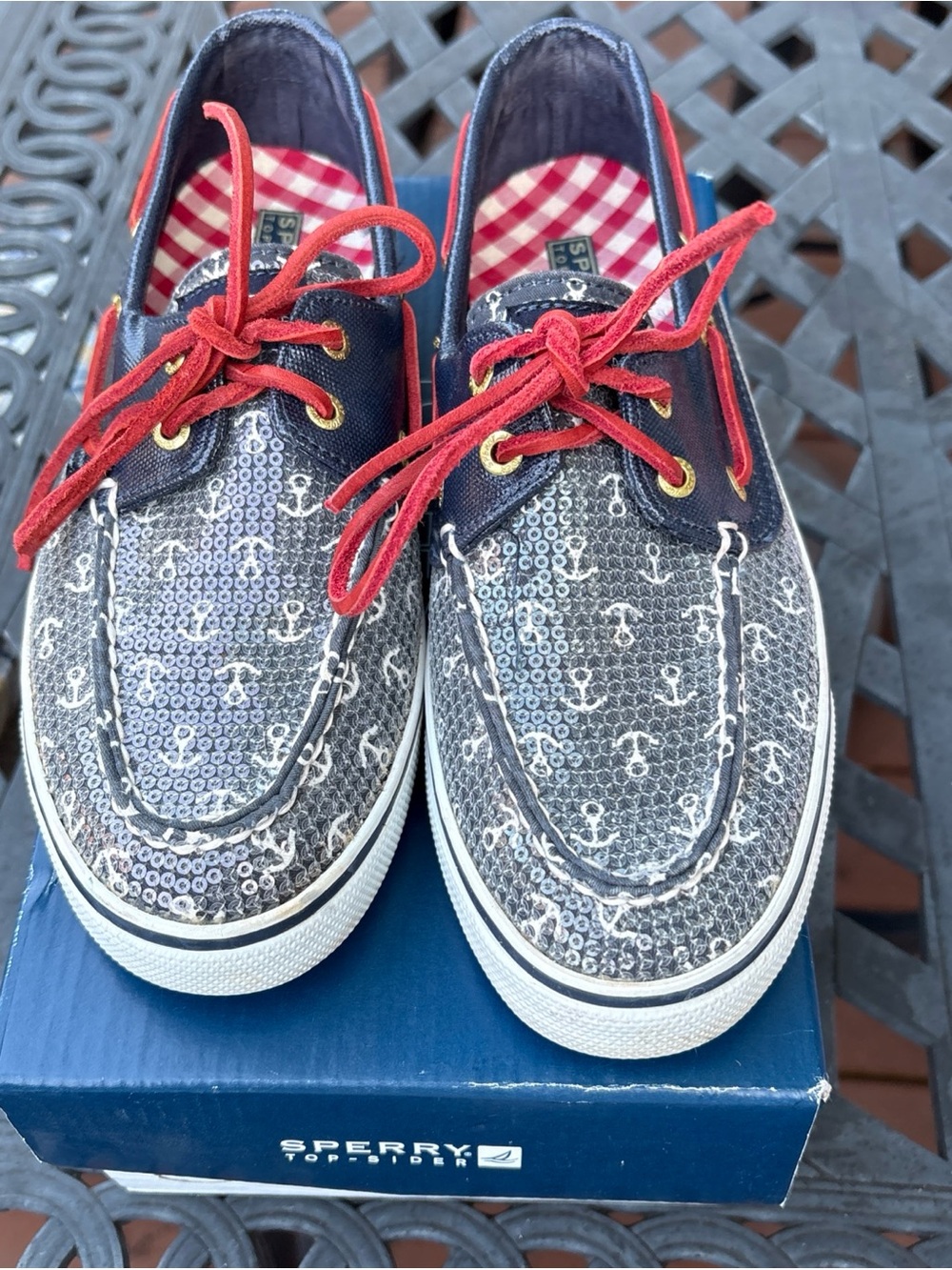 Sperry Top-Sider Slip On Loafers Women’s 7.5 Navy Red White Sequin Shoes